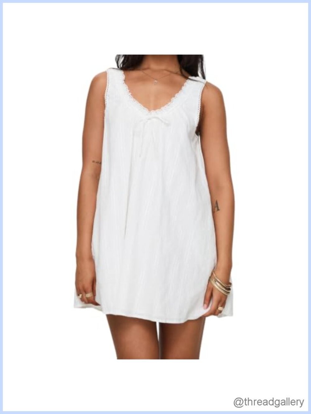 Women's Flowy Lace Trim Babydoll Mini Dress V-Neck Sleeveless A-Line